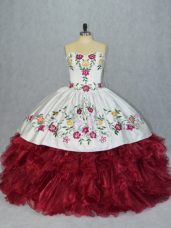White And Red Organza Lace Up Sweetheart Sleeveless Floor Length 15th Birthday Dress Embroidery and Ruffles
