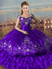 Best Purple Ball Gowns Embroidery and Ruffled Layers Sweet 16 Dresses Lace Up Satin and Organza Sleeveless Floor Length