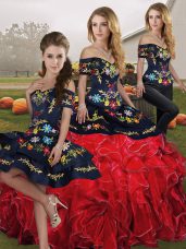 Three Pieces 15 Quinceanera Dress Red And Black Off The Shoulder Organza Sleeveless Floor Length Lace Up