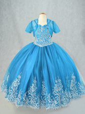 Ball Gowns Little Girl Pageant Gowns Baby Blue Spaghetti Straps Tulle Sleeveless Floor Length Lace Up
