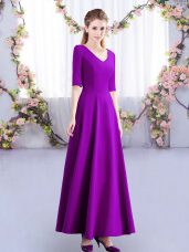 Most Popular Eggplant Purple Empire V-neck Half Sleeves Satin Ankle Length Zipper Ruching Bridesmaid Dresses