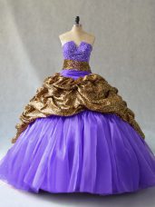 Custom Designed Lavender Sleeveless Organza and Printed Brush Train Lace Up Quince Ball Gowns for Sweet 16 and Quinceanera