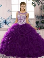 Floor Length Lace Up Quinceanera Dresses Purple for Military Ball and Sweet 16 and Quinceanera with Beading and Ruffles