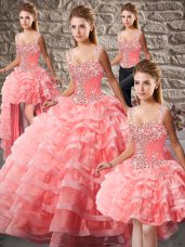 Fashion Watermelon Red Sleeveless Beading and Ruffled Layers Lace Up Sweet 16 Quinceanera Dress
