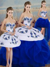 Dynamic Royal Blue Sweetheart Neckline Embroidery and Ruffles and Bowknot Vestidos de Quinceanera Sleeveless Lace Up