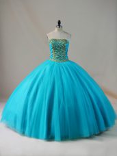 Luxury Blue Lace Up Strapless Beading Ball Gown Prom Dress Tulle Sleeveless