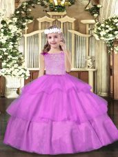 Lilac Sleeveless Floor Length Beading and Ruffled Layers Zipper Little Girl Pageant Dress