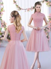 Pink High-neck Neckline Lace Bridesmaids Dress Cap Sleeves Zipper