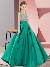 Turquoise Empire Elastic Woven Satin Scoop Sleeveless Beading Floor Length Backless Prom Evening Gown