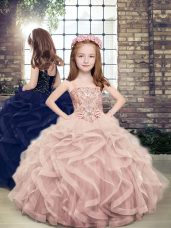 Top Selling Pink Kids Formal Wear Party and Military Ball and Wedding Party with Beading and Ruffles Straps Sleeveless Lace Up