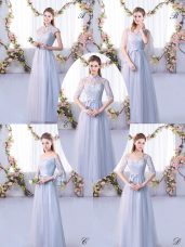 Super Grey Tulle Lace Up Bridesmaid Dresses Cap Sleeves Floor Length Lace