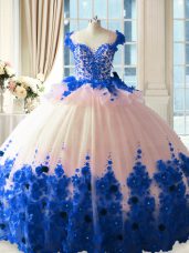 Blue And White Sleeveless Hand Made Flower Zipper Quince Ball Gowns