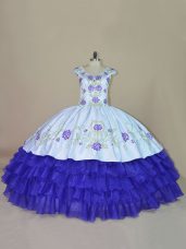 Beautiful Blue and Purple Satin and Organza Lace Up V-neck Sleeveless Floor Length Sweet 16 Quinceanera Dress Embroidery and Ruffled Layers