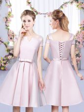 Dramatic Baby Pink Sleeveless Mini Length Bowknot Lace Up Bridesmaid Dress