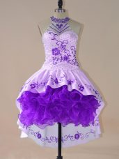 Ball Gowns Purple Halter Top Satin and Organza Long Sleeves High Low Lace Up