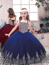 Blue Lace Up Kids Formal Wear Beading and Embroidery Sleeveless Floor Length
