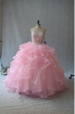 Comfortable Pink Halter Top Backless Beading and Ruffles Quinceanera Dresses Sleeveless