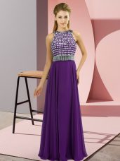 Superior Purple Sleeveless Beading Floor Length Prom Dress