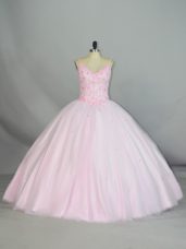 Luxurious Baby Pink Ball Gowns Tulle Straps Sleeveless Beading and Lace Floor Length Lace Up Sweet 16 Dress