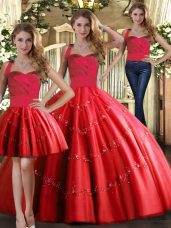Cute Three Pieces Ball Gown Prom Dress Red Halter Top Tulle Sleeveless Floor Length Lace Up
