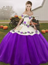 Beauteous White And Purple Sweet 16 Dress Military Ball and Sweet 16 and Quinceanera with Embroidery Off The Shoulder Sleeveless Lace Up