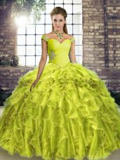 Yellow Green Sleeveless Beading and Ruffles Lace Up Vestidos de Quinceanera