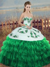 Green 15th Birthday Dress Military Ball and Sweet 16 and Quinceanera with Embroidery and Ruffled Layers and Bowknot Sweetheart Sleeveless Lace Up