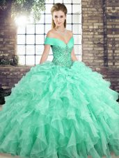 Apple Green Sleeveless Beading and Ruffles Lace Up Quinceanera Dress