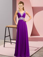 Beading Evening Dress Purple Lace Up Sleeveless Floor Length