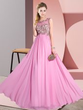 Floor Length Rose Pink Wedding Party Dress Scoop Sleeveless Backless