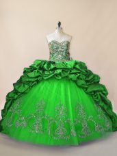 Green Ball Gowns Sweetheart Sleeveless Taffeta and Tulle Brush Train Lace Up Beading and Pick Ups Sweet 16 Dress