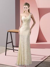Wonderful Champagne Lace Criss Cross Prom Gown Sleeveless Floor Length Beading and Lace