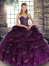 Sleeveless Floor Length Beading and Ruffles Lace Up Sweet 16 Dress with Dark Purple