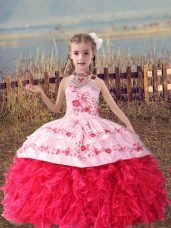Latest Sleeveless Organza Floor Length Lace Up Casual Dresses in Coral Red with Beading and Embroidery and Ruffles