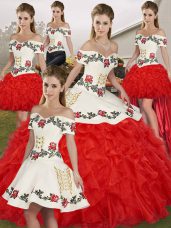 White And Red Off The Shoulder Lace Up Embroidery and Ruffles Quince Ball Gowns Sleeveless