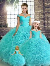 Popular Aqua Blue Sleeveless Fabric With Rolling Flowers Lace Up Quince Ball Gowns for Military Ball and Sweet 16 and Quinceanera