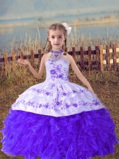 Latest Floor Length Lace Up Little Girl Pageant Gowns Lavender for Wedding Party with Beading and Embroidery and Ruffles