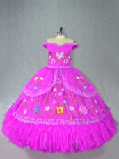 Gorgeous Floor Length Lace Up Quinceanera Dresses Fuchsia for Sweet 16 and Quinceanera with Embroidery