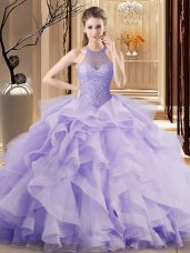 Flare Lavender Ball Gowns Halter Top Sleeveless Organza Sweep Train Lace Up Beading and Ruffles Quinceanera Dress