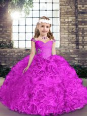 Top Selling Fuchsia Fabric With Rolling Flowers Lace Up Little Girls Pageant Dress Sleeveless Floor Length Beading
