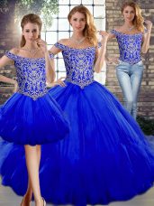 Charming Royal Blue Sleeveless Beading and Ruffles Floor Length Quinceanera Gown