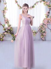 Dynamic Lavender Empire Lace and Belt Quinceanera Court Dresses Side Zipper Tulle Sleeveless Floor Length