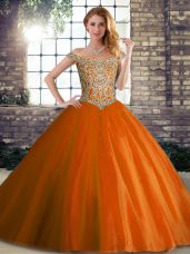 Beautiful Sleeveless Beading Lace Up Sweet 16 Quinceanera Dress with Orange Red Brush Train