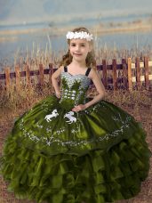 Custom Made Floor Length Olive Green Pageant Gowns For Girls Straps Sleeveless Lace Up