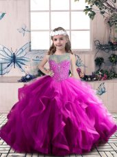 Fuchsia Sleeveless Beading and Ruffles Floor Length Juniors Party Dress