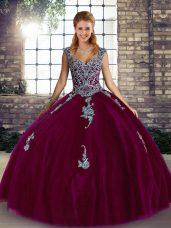 Graceful Fuchsia Straps Neckline Beading and Appliques 15 Quinceanera Dress Sleeveless Lace Up