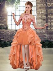 Halter Top Sleeveless Lace Up Winning Pageant Gowns Orange Tulle