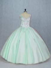 Fashion Apple Green Ball Gowns V-neck Sleeveless Tulle Floor Length Lace Up Beading and Appliques 15 Quinceanera Dress