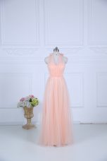 Designer Floor Length Peach Bridesmaid Gown Halter Top Sleeveless Zipper