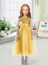 Gold Zipper Flower Girl Dress Sequins and Hand Made Flower Sleeveless Tea Length